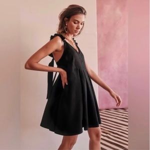 Sezane | Black Lizon Tie Back Pleated Linen Fit & Flare Dress Sz 8
